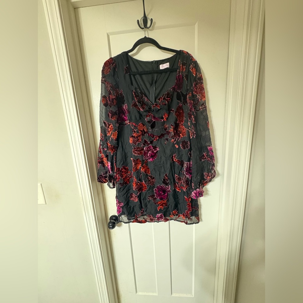 Pink Lily Black Floral Velvet Burnout Dress